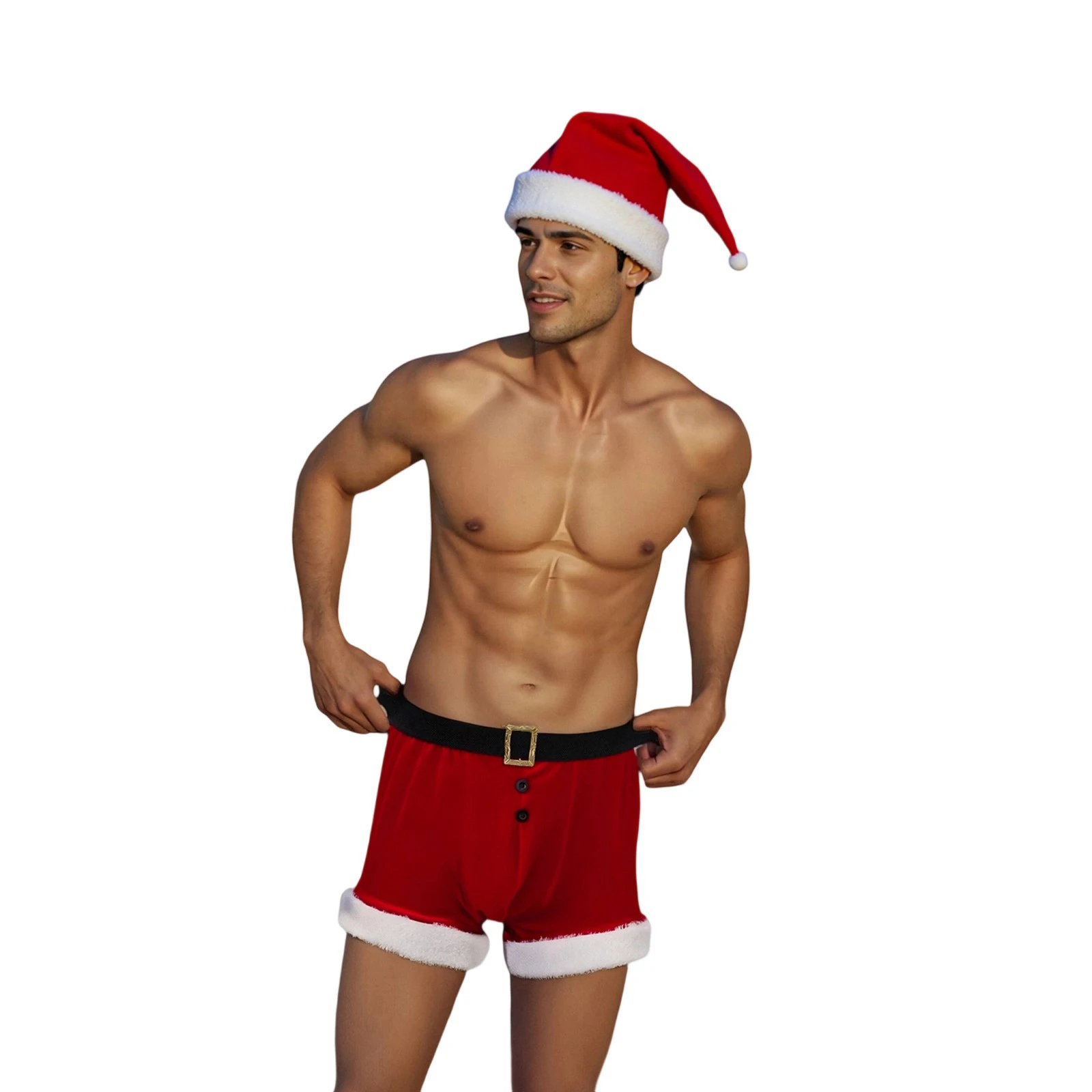 Mens Christmas Lingerie Set Red and White Boxer Briefs with Santa Hat Outfit Holiday Underwear