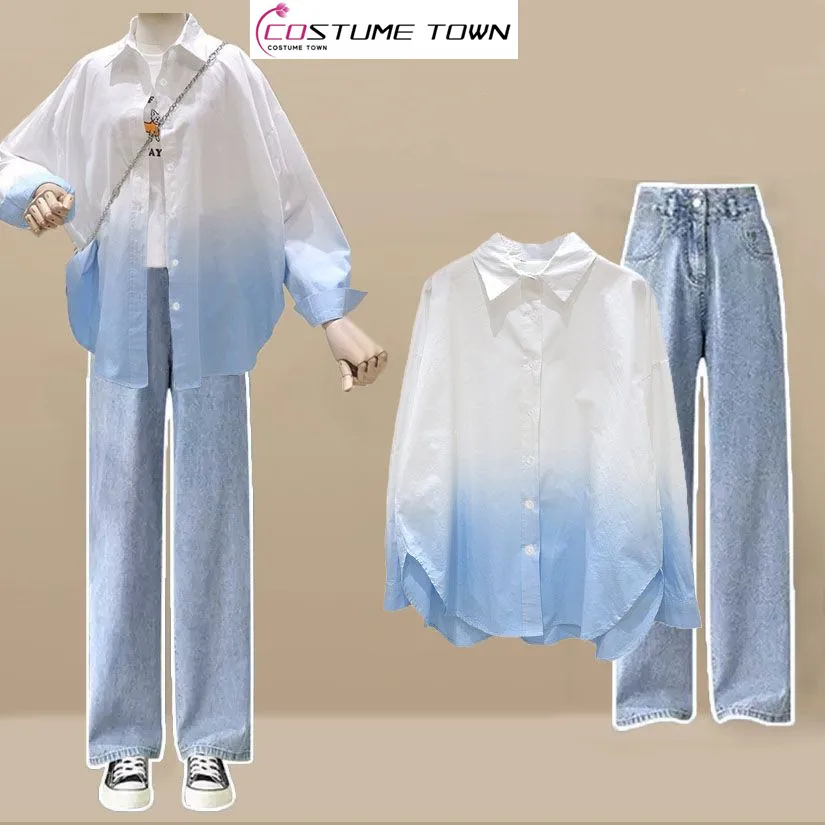 Korean Style Gradient Sunscreen Chiffon Shirt Wide Leg Jeans Two Piece Set Elegant Women's Library Set Casual Outfits Clothing