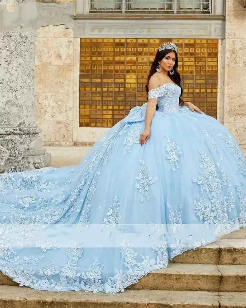 

ANGELSBRIDEP Sky Blue Ball Gown Quinceanera Dresses Off Shoulder Beaded Appliques Sweet 16 Dress Vestidos De 15 anos Custom Made