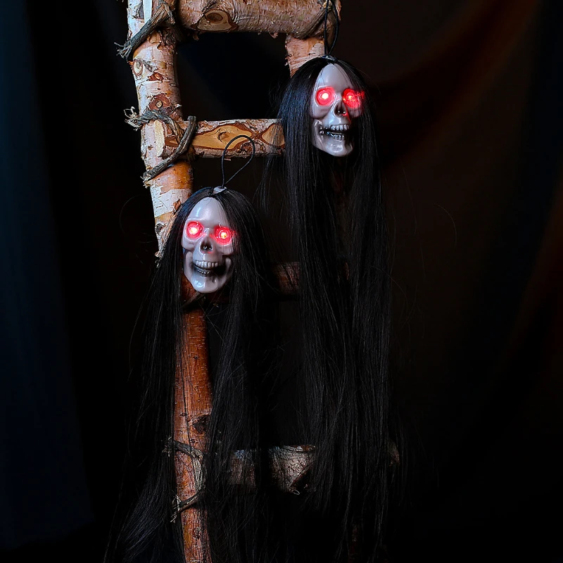 

Halloween Hanging Ghost Skull with Long Hair Glowing Eyes Terror Skull Ghost House Head Skeleton Props 2023 Garden Decoration