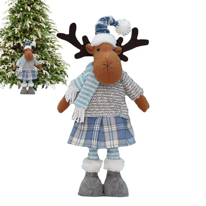 

Christmas Santa Claus Figure Cute Blue Plaid Christmas Plush Santa Snowman Elk Stuffed Doll Handmade Ornaments Retractable Long