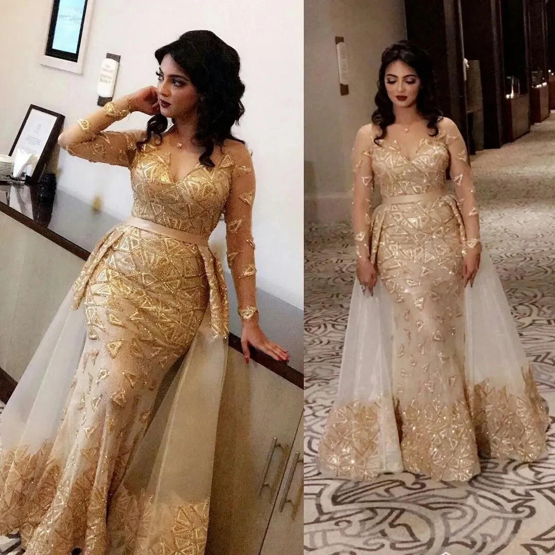 

Champagne Aso Ebi African Evening Dresses Mermaid Long Sleeves Tulle Appliques Long Dubai Saudi Arabic Evening Gown Prom