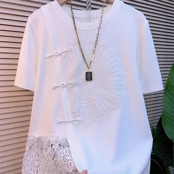 2025 Summer Lace Splicing Design Sense Women Short Sleeve T-shirt Comfortable Chinese Round Neck Ladies Loose Pullover Topl 1