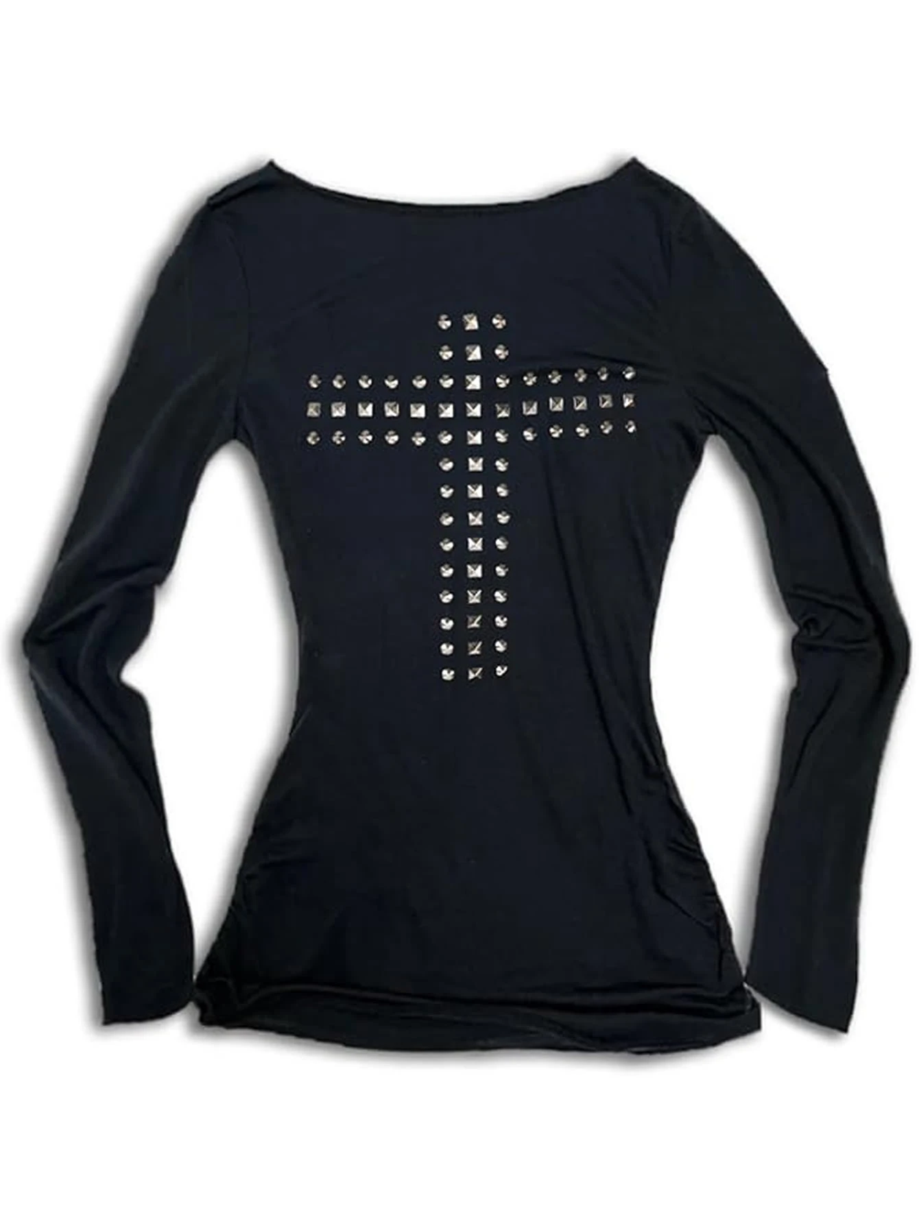 Y2k Emo Damen Mode Streetwear Kreuz-Strass T-Shirt Langarm-Shirt Ästhetik Harajuku 2000er Alt Acubi Tops Kleidung