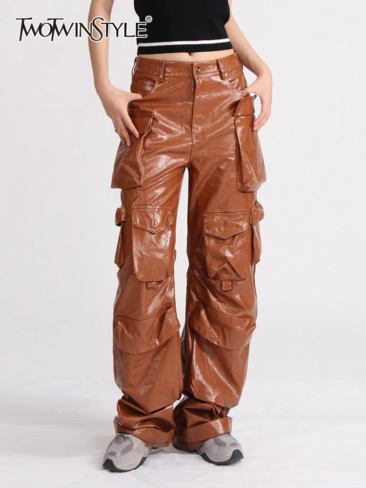 TWOTWINSTYLE Patchwork Pockets Leather Pants For Women High