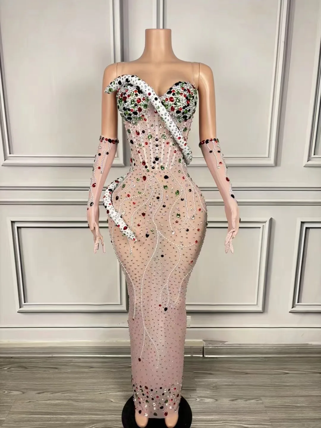 

Colorful Rhinestones Golves Sexy See-Through Strapless Dress Evening Party Performance Costume Nightclub Singer Stage Wear