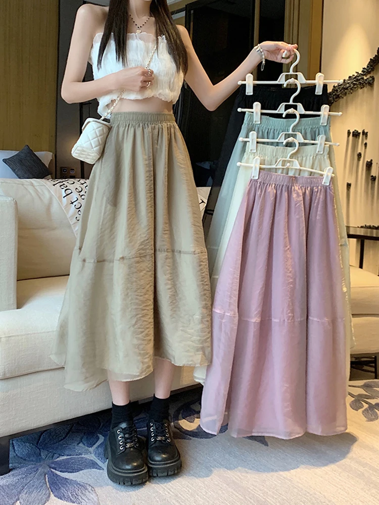 

5Colors SML Women Long Mesh Skirt 2023 Summer Vintage Midi A Line High Waist Fairy Long Skirts Female(77074