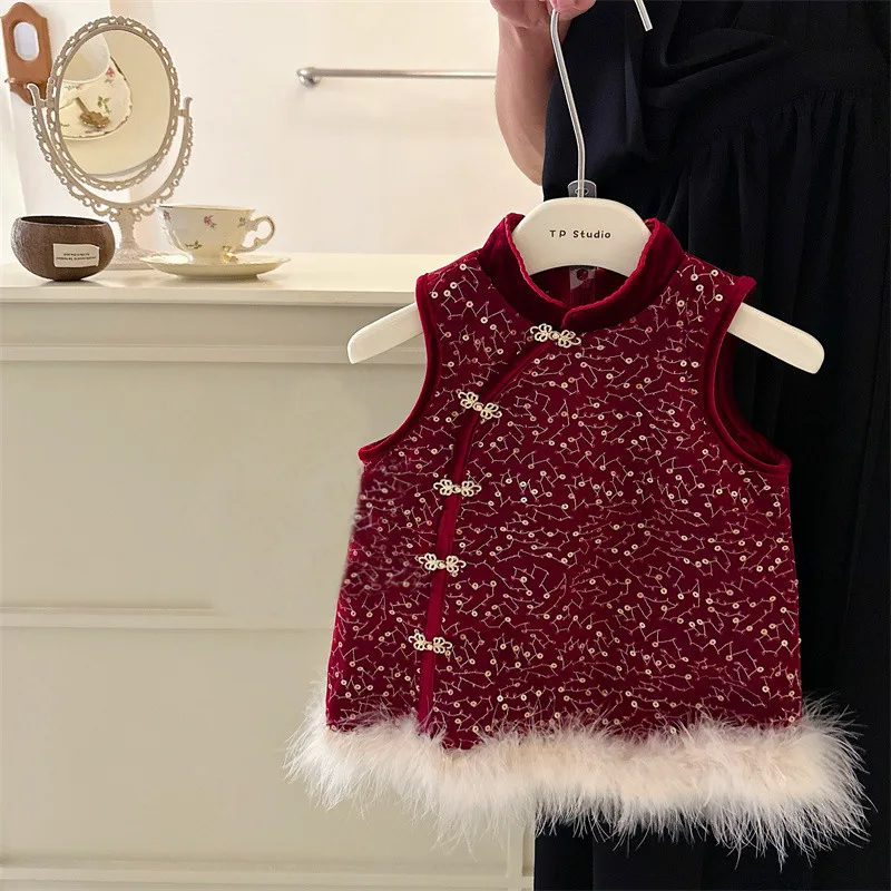 

Girls Dress Cheongsam Dress Plus Fleece 2023 New Style Foreign Winter Clothes Baby Dress Children Red New Year Clothes