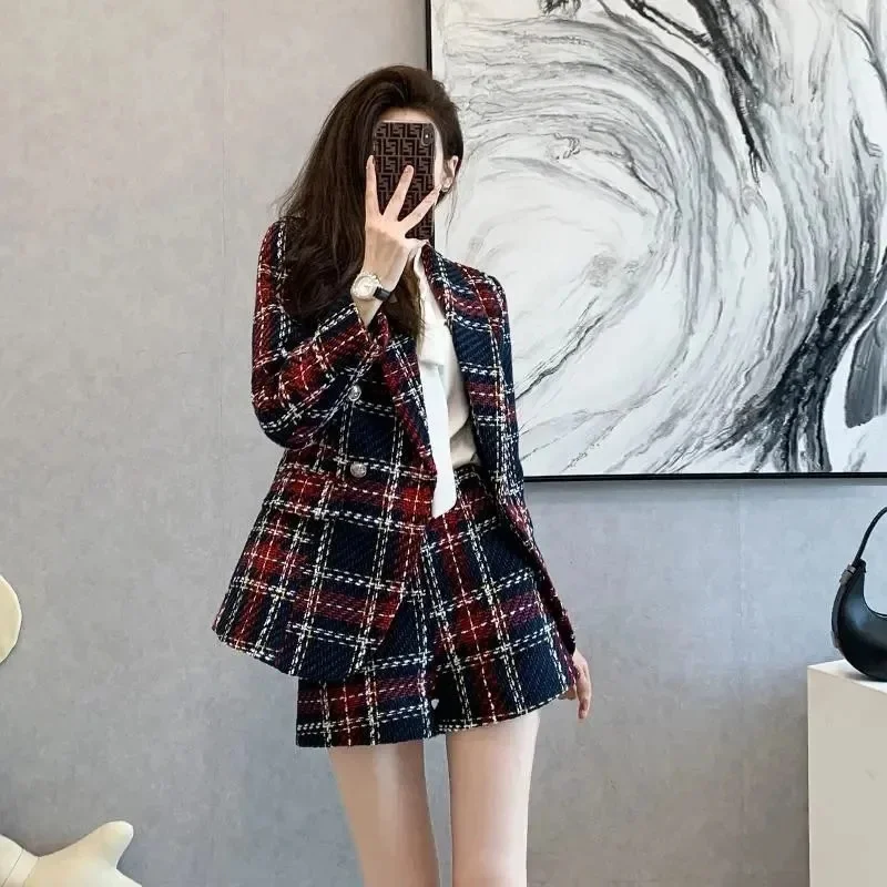 Skirt Sets Casual Suit Female 2025 Autumn Winter New Net Red Popular Plaid Small Suit Shorts Two-Piece Female Button Commute