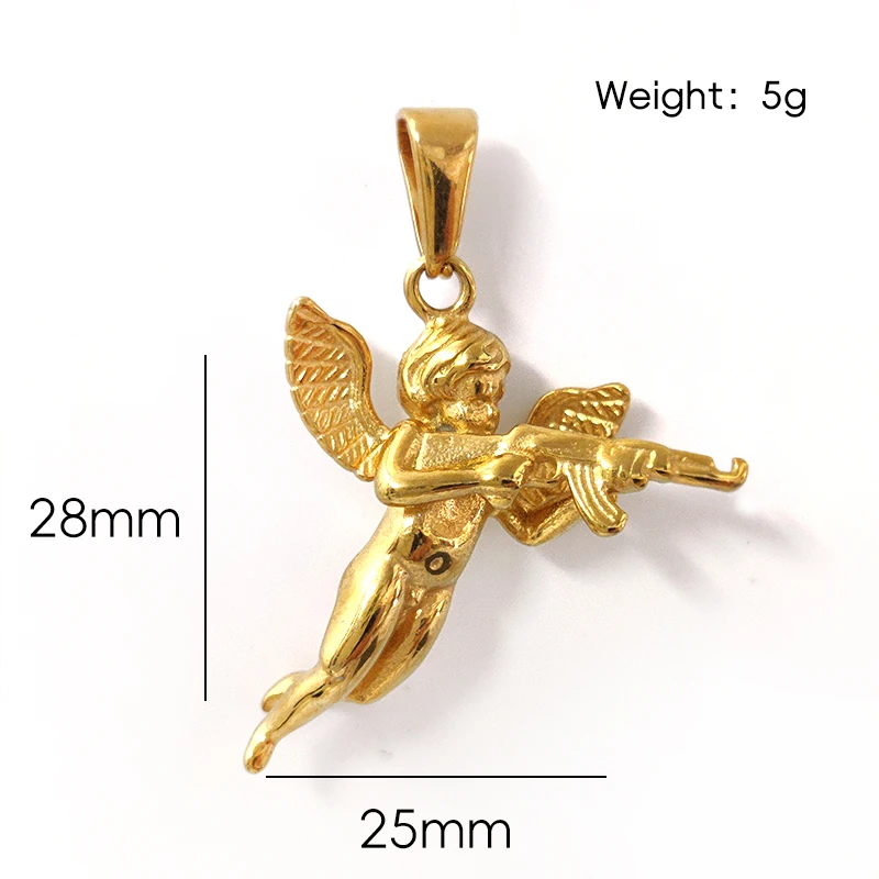 3D-Engel mit Pistolen-Anhänger-Halskette für Männer – 18 Karat vergoldet und Seilkette aus 316L-Stahl, Hip-Hop-Gothic-Schmuck, Geschenk, Amors Reveng – Detail 3
