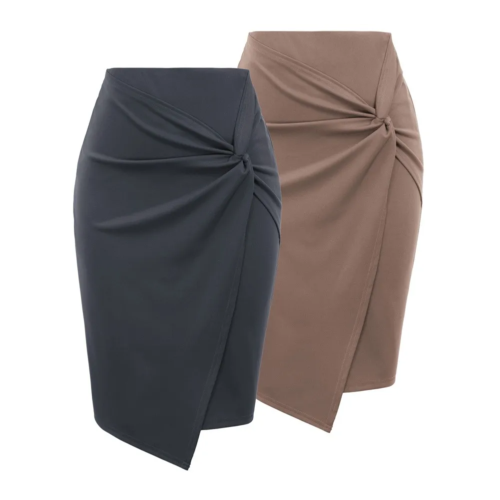 GK Women Asymmetrical Wrap Front Bodycon Skirt 2pcs-Pack Solid Color Slim Fit Knee-length Causal Office Lady Hip Wrap Skirt