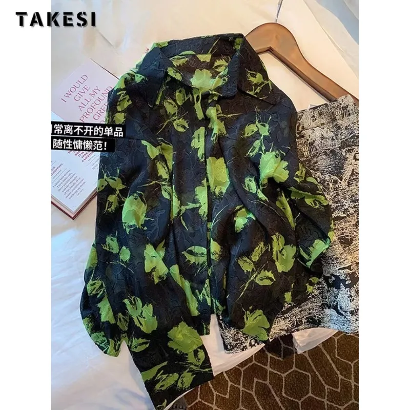 

Женская свободная рубашка в американском стиле ретро с отложным воротником и принтом, осень 2023, повседневная мешковатая уличная одежда с длинным рукавом, Топ