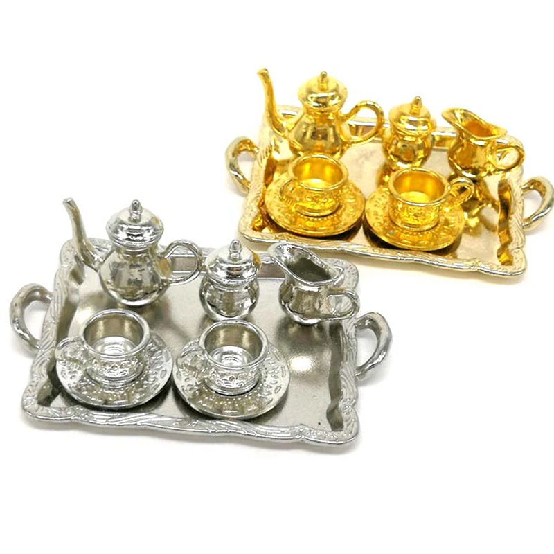 

5/6/10Pcs/set Doll House Miniature Metal Tea Doll House Furniture Miniature Dining Ware Toy Teapot Cup Plate
