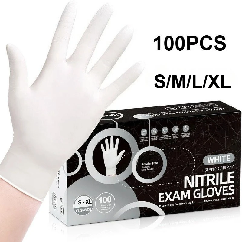 Lot de gants vinyle jetables blancs en différentes tailles S/M/L/XL, parfait pour un usage professionnel ou domestique.