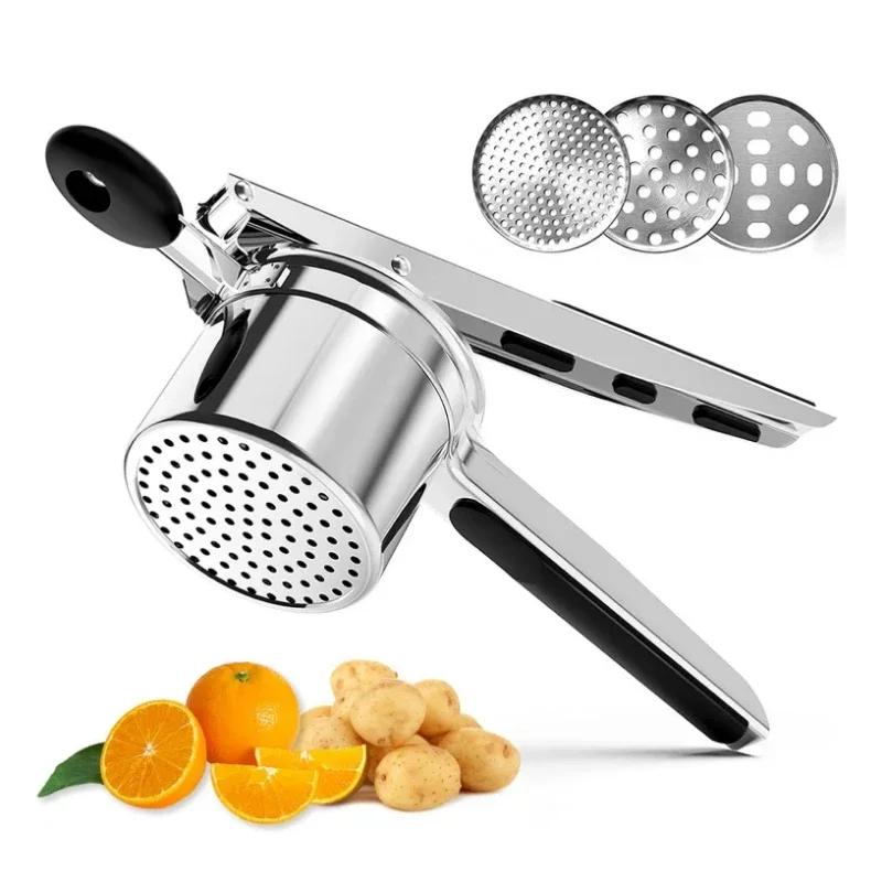 Stainless Steel Potato Masher Manual Press French Fries Cutter Dispenser Crusher Making Squeezer With 3/4 Interchangeable Discs