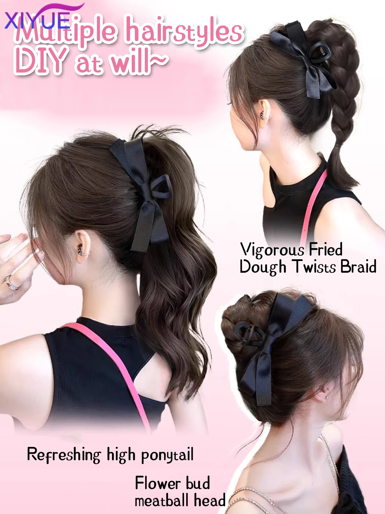 XIYUESynthetic Bow Hair Clip Ponytail Wig Long Natural Curly Hair High Temperature Silk Heat Resistant Pony Tail Hair piece For