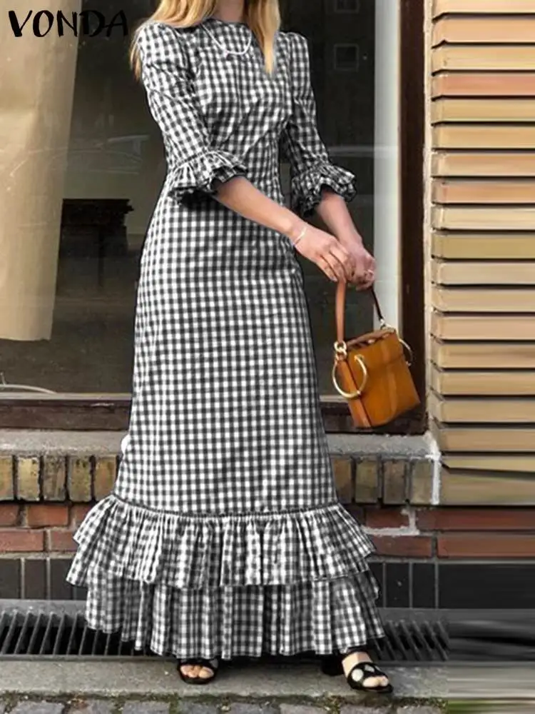 

VONDA Ruffled Maxi Dress Women Printed Plaid Dress Bohemian Summer Vestidos 2023 3/4 Sleeve Vintage Casual Party Beach Sundress