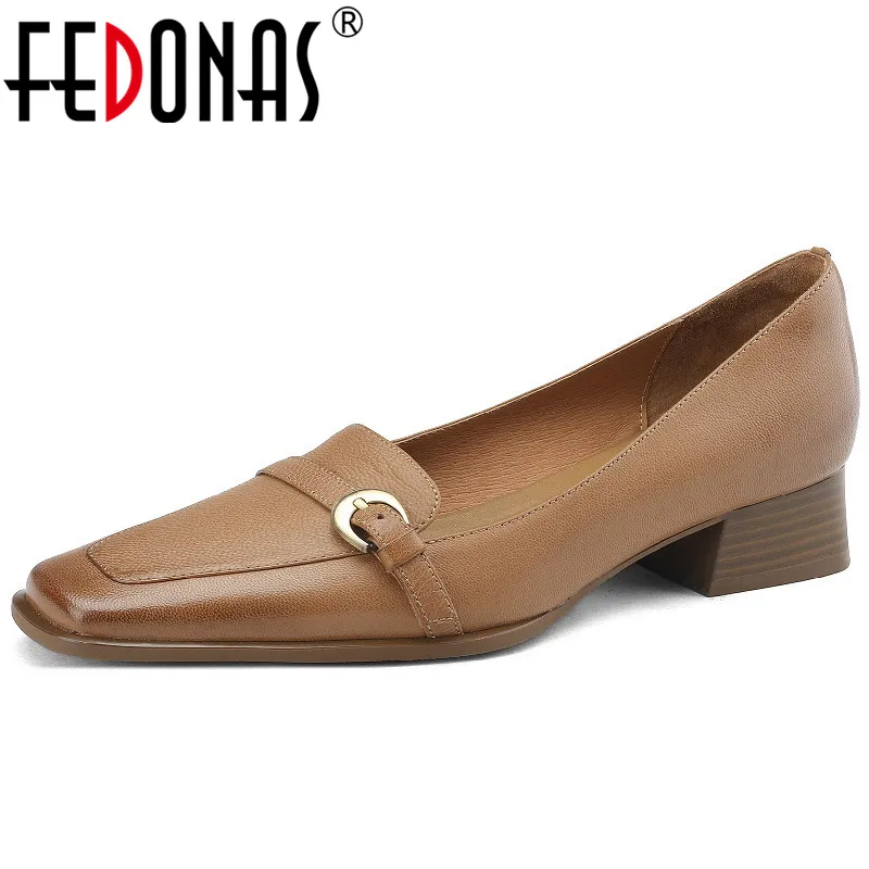 

FEDONAS Vintage Mature Classic Women Pumps Quality Genuine Leather Low Heels Working Casual Spring Summer Buckle Shoes Woman