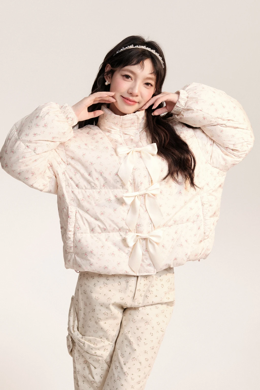 Sweet Cute Korean Women's Long Sleeve Stand-up Collar Down Jacket Elegant Fashion All-Match Bow Floral Warm Thick Down Jackets