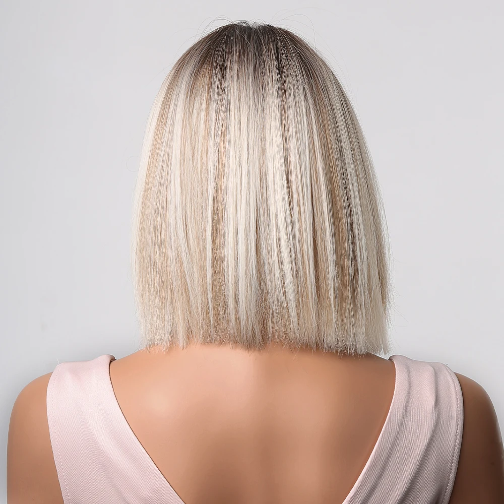 WOKESTAR Parrucche Lunghe E Dritte Per Donne Con Frangia A Tendina, Capelli Sintetici A Strati Biondo Platino Con Radici Scure - Foto 4