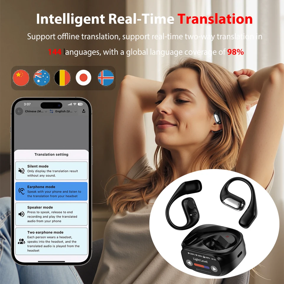 AI Instant Translation Headset, Real-Time Bluetooth Spraakvertaler Oortelefoon met Kleurendisplay LCD Touch, Draadloze Ruisonderdrukking Oortelefoon, 144 Talen, Zakelijk Reizen (Sneeuw