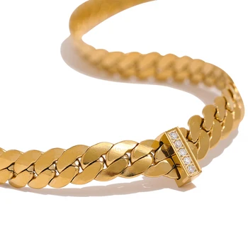 18k Gold Color Cuban Chain Stainless Steel Necklace Collar Zircon High Quality Metal Texture Women Fashion Charm Jewelry 8