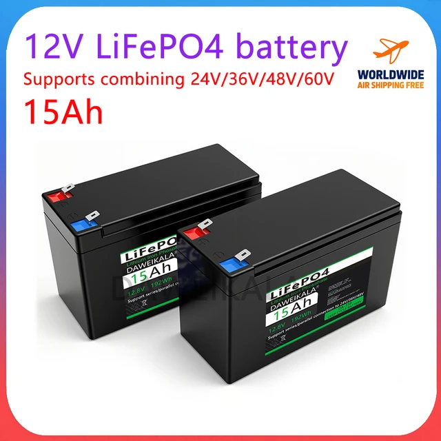 Batterie LiFePO4 12V, 15ah, 30a, BMS, plus de 6000 Cycles pour le stockage d'énergie solaire, vélo électrique, Support d'alimentation extérieur, connexion série 1