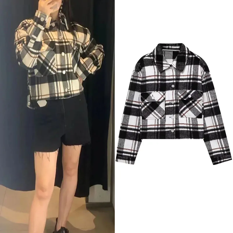

TRAF Womans Plaid Shirts Autumn Black White Fashion Blouses Women Front Pockets New Crop Shirt Female Vintage Long Sleeve Blouse