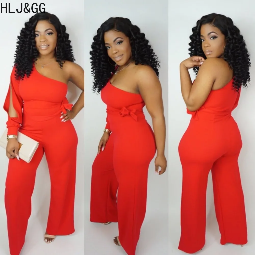 HLJ&GG Casual One Shoudler Bandage Jumpsuits Women Sleeveless Wide Leg Pants Overall Autumn Female One Piece Sporty Playsuits