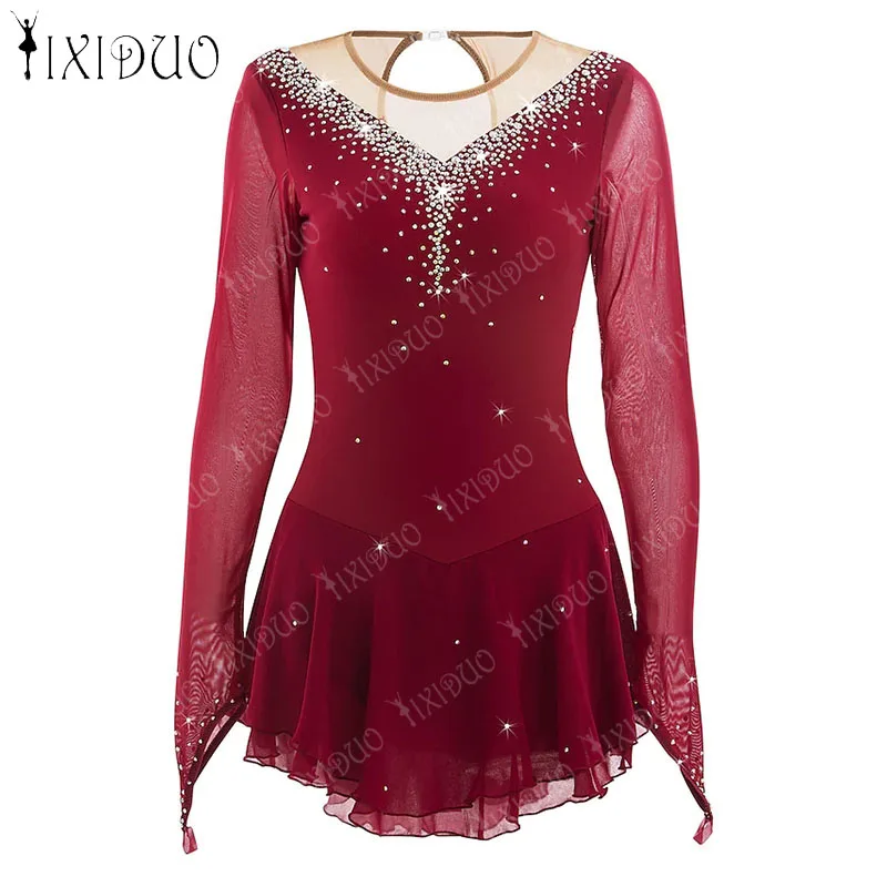 

Women's Figure Skating Dress Girl Ice Skating Dress Patchwork Mesh Elastane High Elasticity Competition Skating Wear Long Sleeve