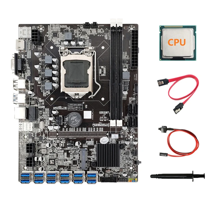 B75 ETH Miner Motherboard 12 PCIE To USB3.0+Random CPU+Thermal Grease+SATA Cable+Switch Cable DDR3 LGA1155 Motherboard