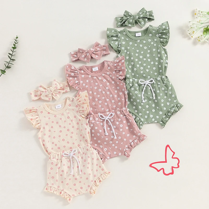 Newborn Baby Girl Summer Outfit Set - Bow Print Romper, Shorts & Headband 3-Piece