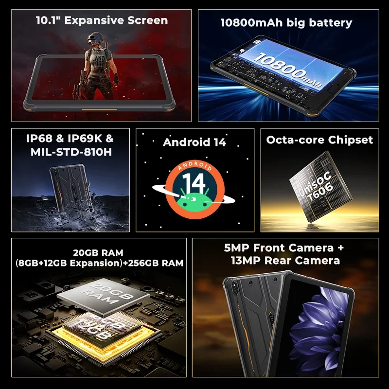 HOTWAV R10 Pro 4G Rugged Tablet 10..1 Inch HD+ 8GB+256GB Tablets PC 10800mAh Battery 5MP+13MP OTG Charging Smart Pad Global