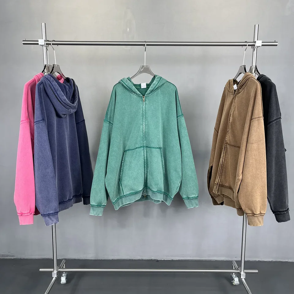 2024 Wash Distressed Hooded Sweatshirt with Zipper Vinatge