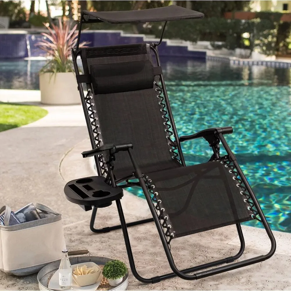 

Уличное складное кресло-шезлонг гравитационное кресло складное кресло-шезлонг с прикрепляемым солнцезащитным навесом и держателем черные стулья для гостиной