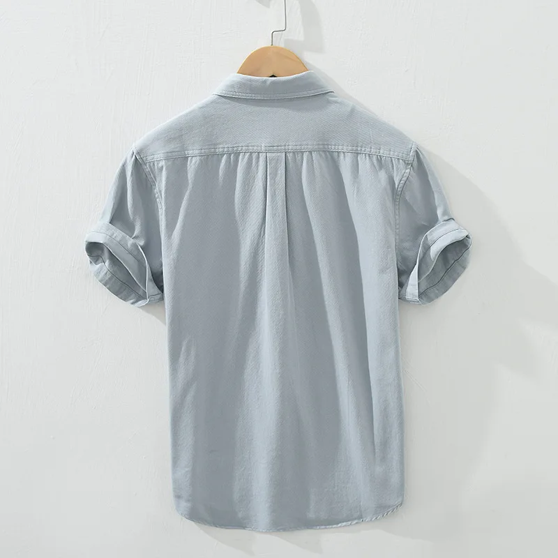 Yellow Short Sleeve Shirt for Men Cotton Button Up Shirts Summer Patch Pockets Embroidery Casual Tops Male Solid Clothing