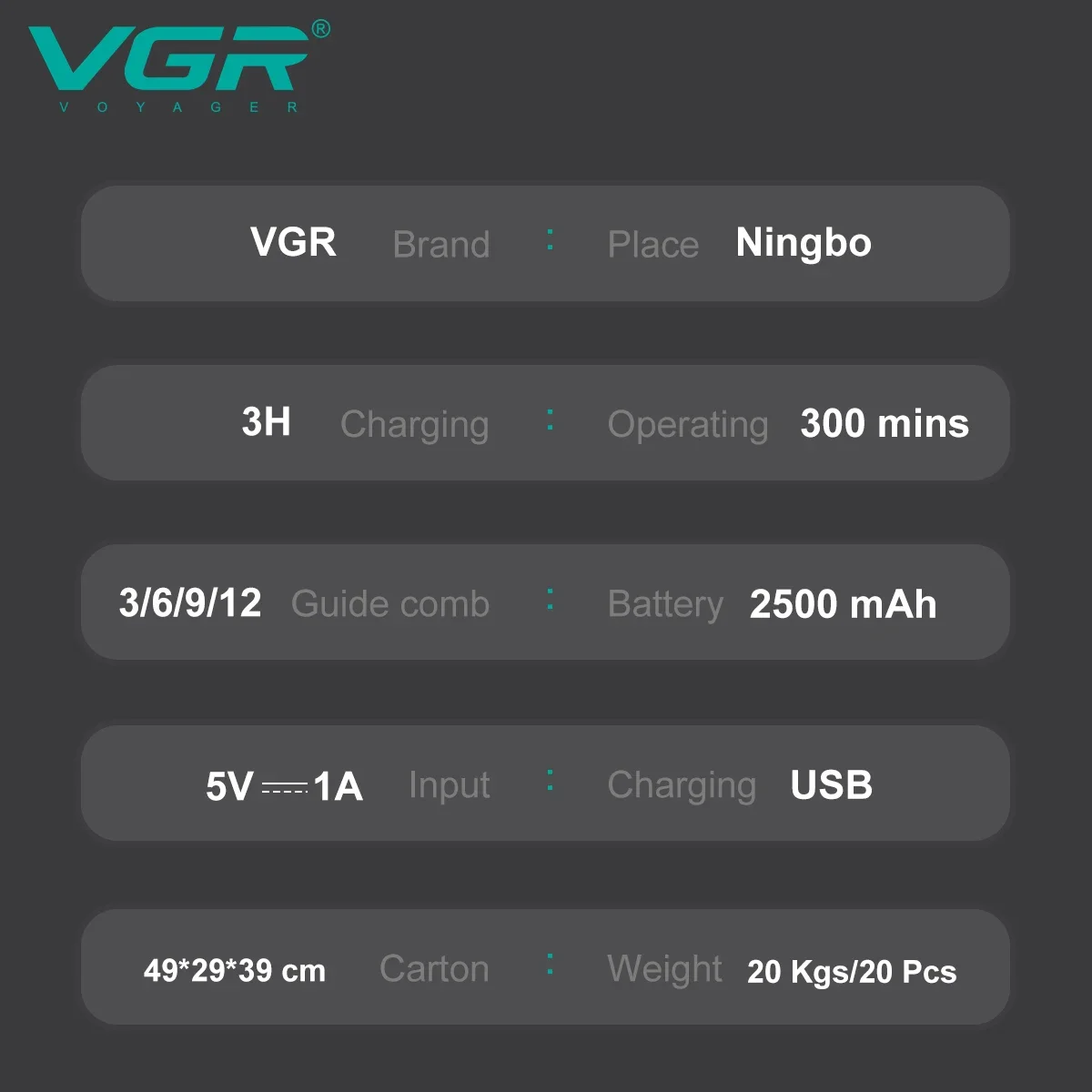 VGR 남성용 헤어 트리머 헤어 클리퍼, 이발사 헤어 커팅 머신, 2500 mAh 배터리, LED 디스플레이 푸시 로드, 스테인레스 스틸 블레이드