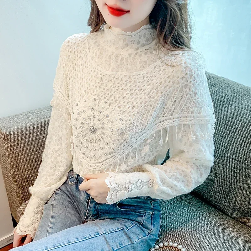 

Half Turtleneck Long Sleeve Lace Shirts For Women Autumn Hollow Out Crochet Blouse Elegant Beaded Loose Fashion Tops Blusa 29712