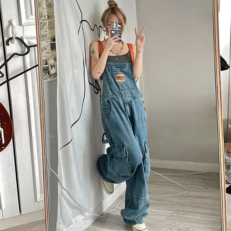 

Multi Pocket One Piece Denim Strap Pants 2023 Spring/Summer New Loose Adjustable Strap Jumpsuit Women's Casual Jeans