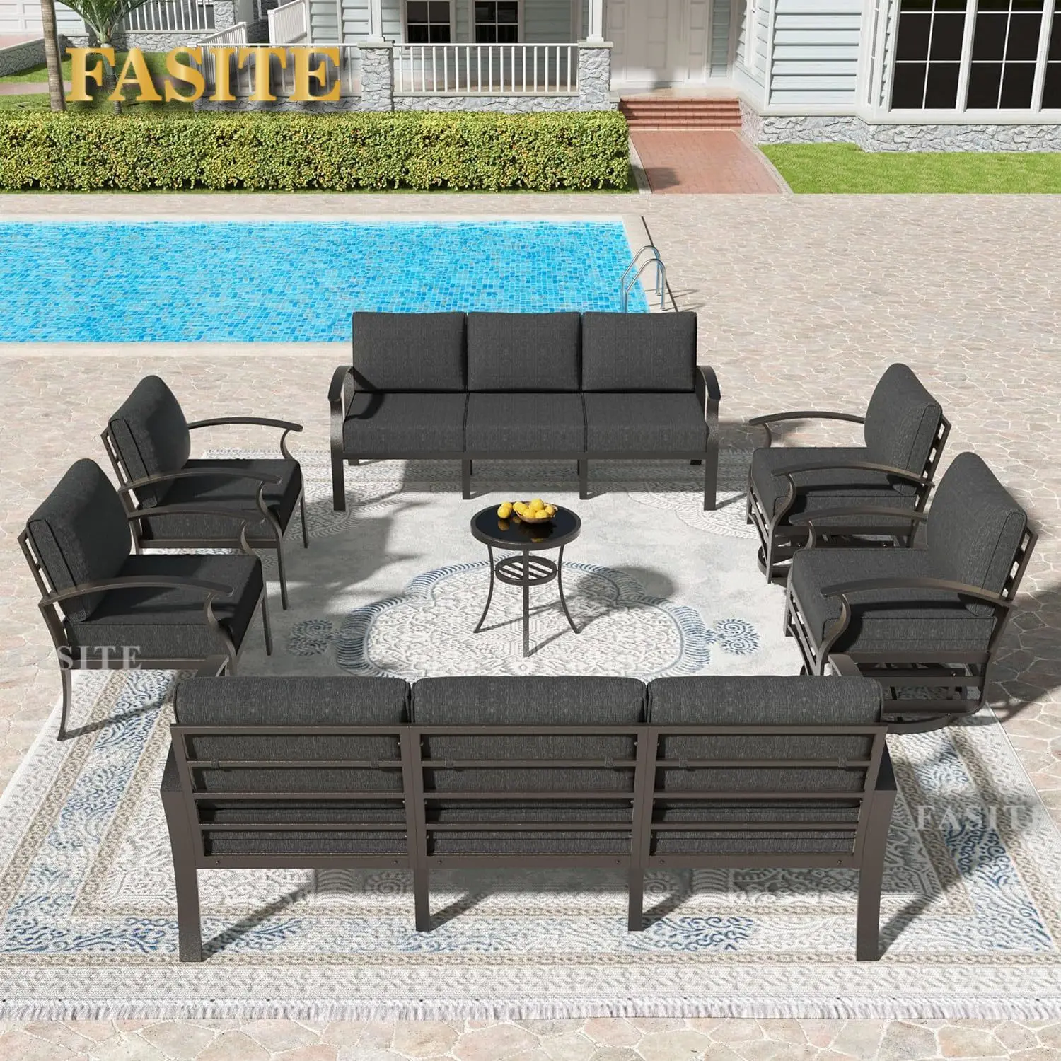 Aluminum Patio Furniture Set, 8 Pieces 9 Seat Metal Outdoor Furniture with 45 Propane Gas Fire Pit & Swivel, Sand