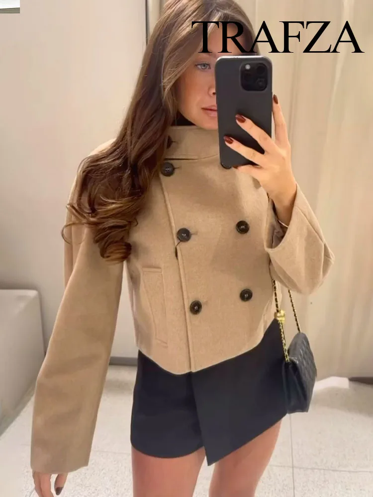 

TRAFZA Winter Khaki Women's Loose Jacket Fashionable Stand Collar Long Sleeve Double Breasted Casual Jacket Women's Short Coat