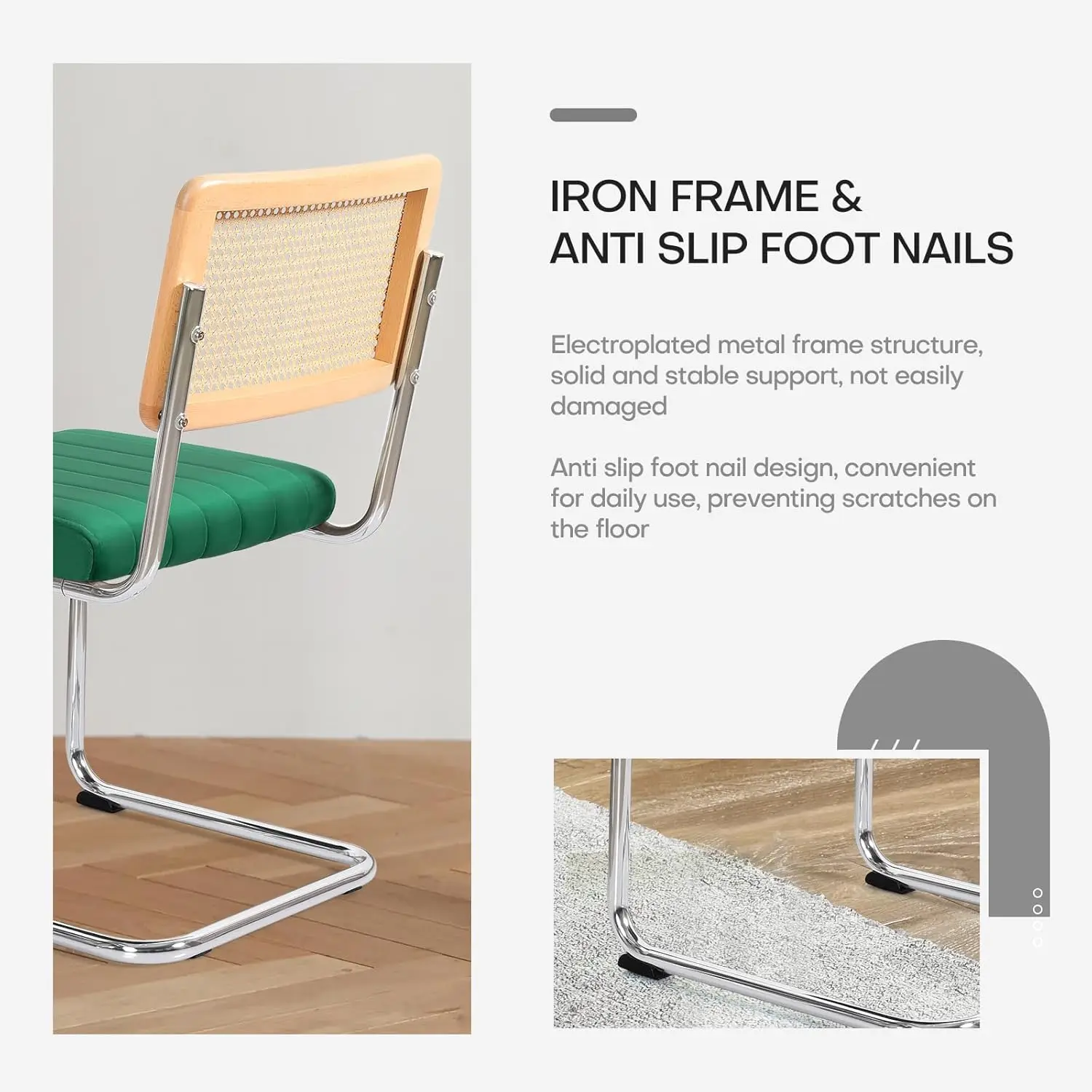 Mid Century Modern Dining Chairs Set of 2. Rattan. Cane Back. Metal Legs. Velvet Upholstered. Armless. Green.