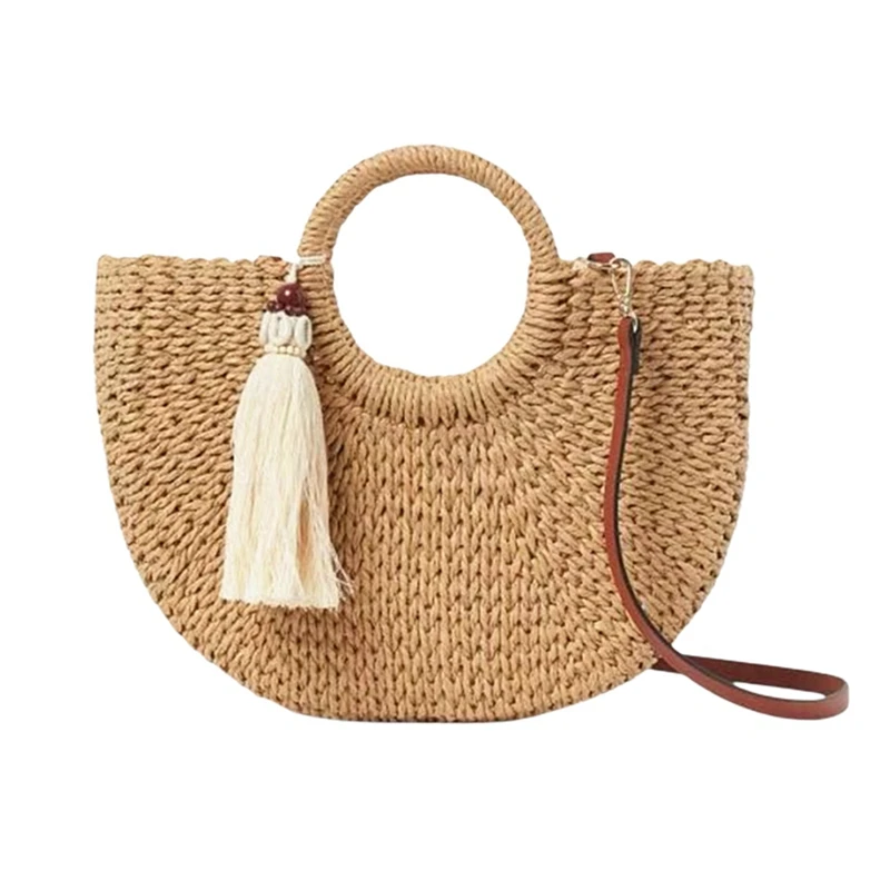 

ASDS-Fashion Womens Straw Hand-Woven Messenger Bags Bohemian Shoulder Bag New Moon Shape Seaside Resort Women Tote Bag