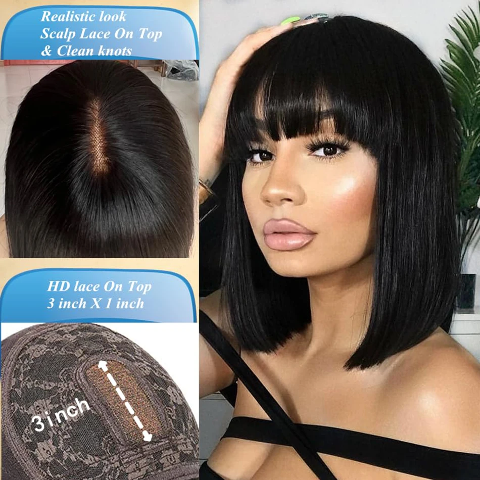 3X1 Middle Part Lace Wig Bone Straight Human Hair Wigs With Bangs Glueless Wig Human Hair Ready To Wear And Go 100% Human Hair