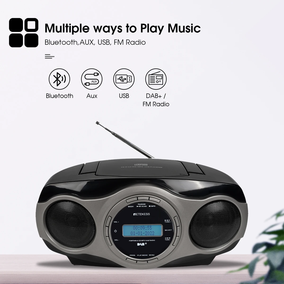 Portable CD Player for Retekess TR631 Stereo Radio FM Bluetooth 3W Speaker LCD Display Support Alarm Clock MP3 AAC USB AUX Elder
