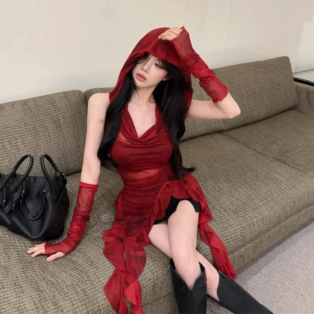 Y2K Tees Ruffle Long Sleeve Shirt Mesh Hooded T-shirt Vintage Gothic Hooded with Sleeves Streetwear Long Sleeve Tops Girls Gift