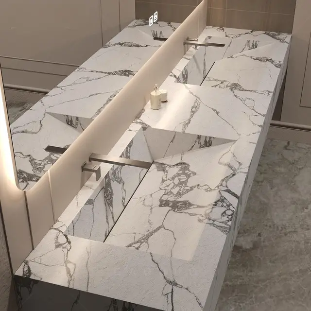 ชุดอ่างล้างหน้าหินไร้รอยต่อ, ตู้ห้องน้ำแบบชิ้นเดียว, อ่างล้างหน้าเดี่ยว/คู่, ทนต่อคราบสกปรกและทนทาน, ปรับแต่งได้ 4