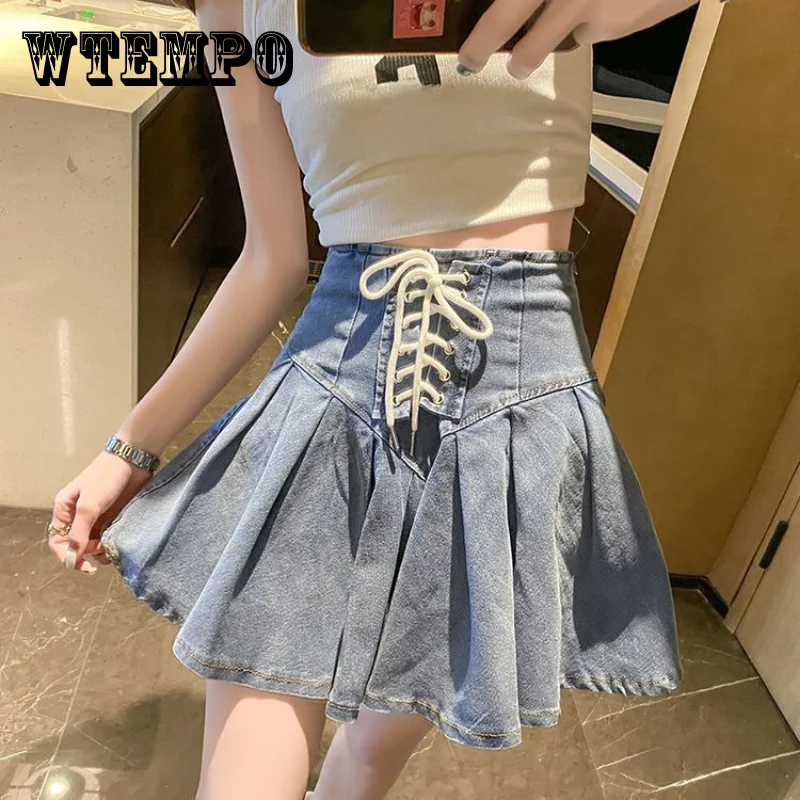 

Острые женские эластичные джинсовые плиссированные юбки WTEMPO Y2K для девушек 2023 Корейская сексуальная модная универсальная короткая юбка А-силуэта с перекрестными лямками