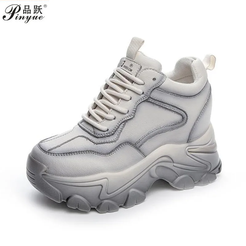 

Women's Ankle Boots Autumn Leather Chunky Shoes Woman Platform Height Increased Sneakers 8CM Thick Sole Wedges White shoes