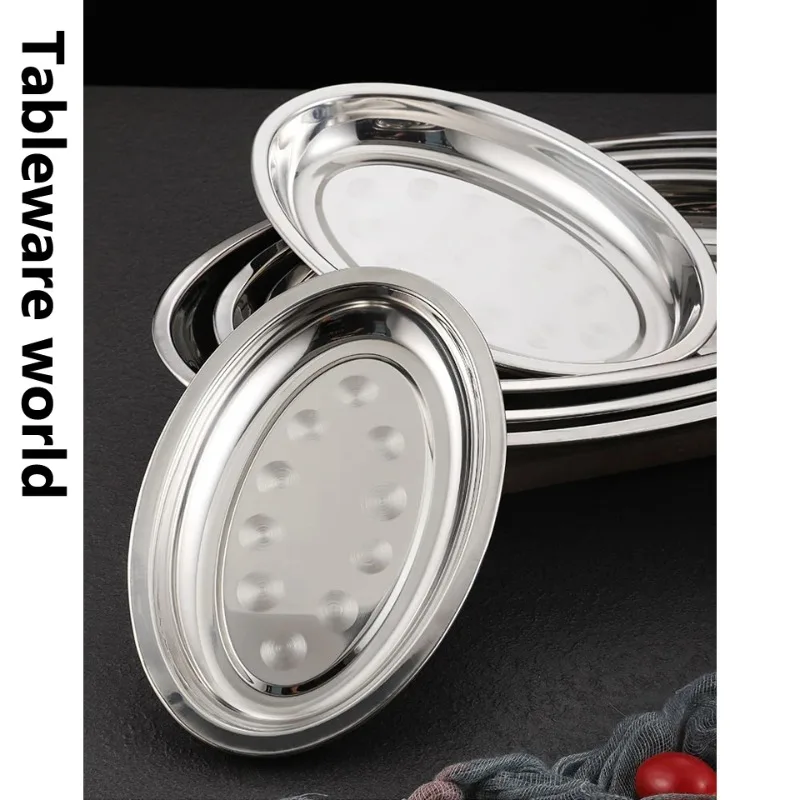 Deepened Thickened Main Dish Plate Restaurant Steamed Fish Plate Oval Seafood Grilled Skewers Barbecue Plate304 Stainless Steel